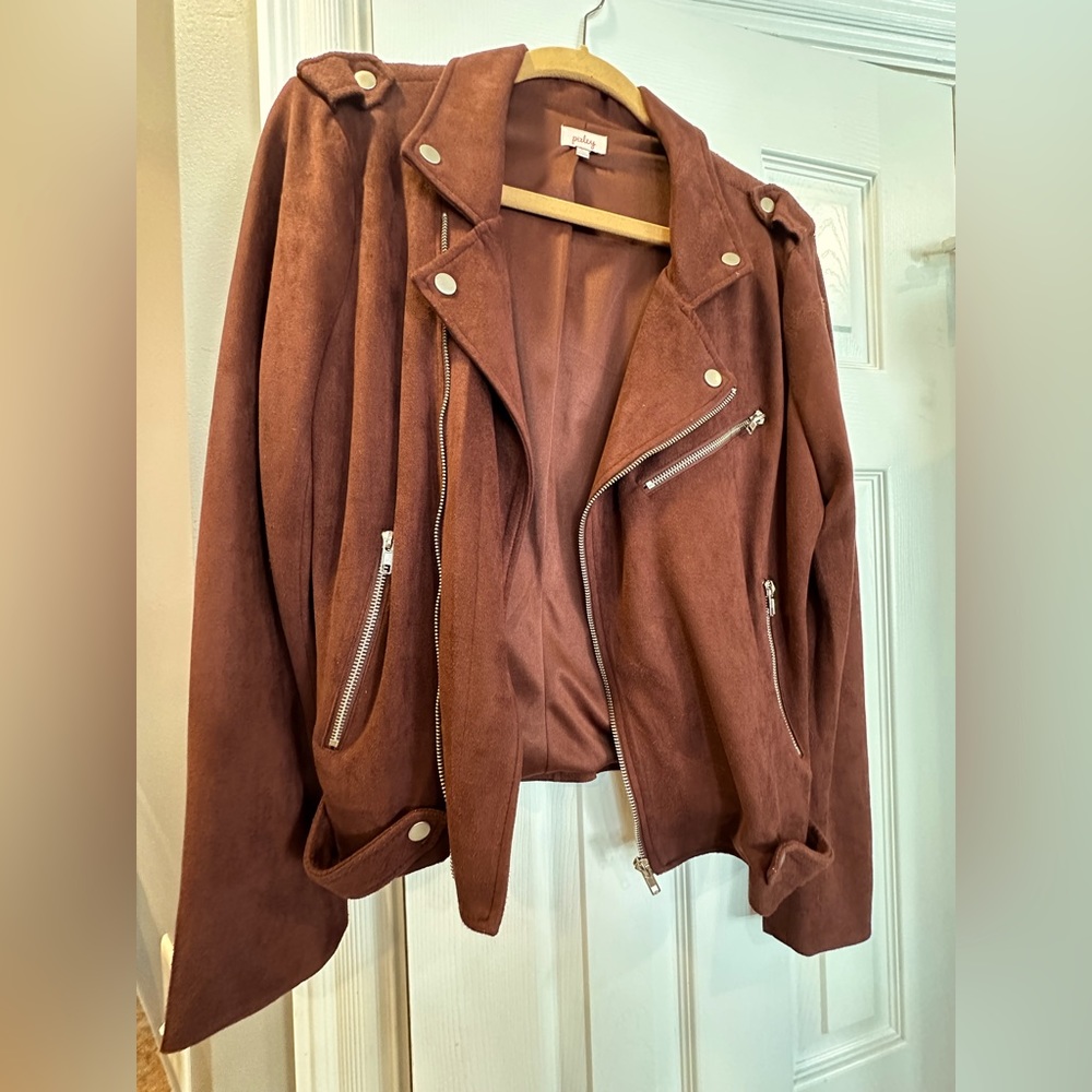 Chic faux suede moto jacket—worn once! Red/earth color